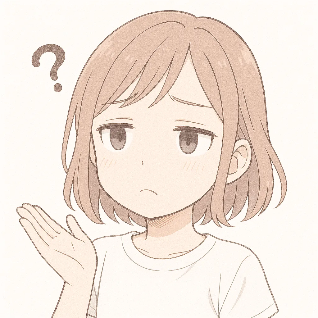 はてな顔文字の女の子｜首をかしげて「はてな？」といった様子の女の子。横に浮かぶ疑問符と微妙な表情が、戸惑いや考え中の雰囲気を表現している。(・ω・?)