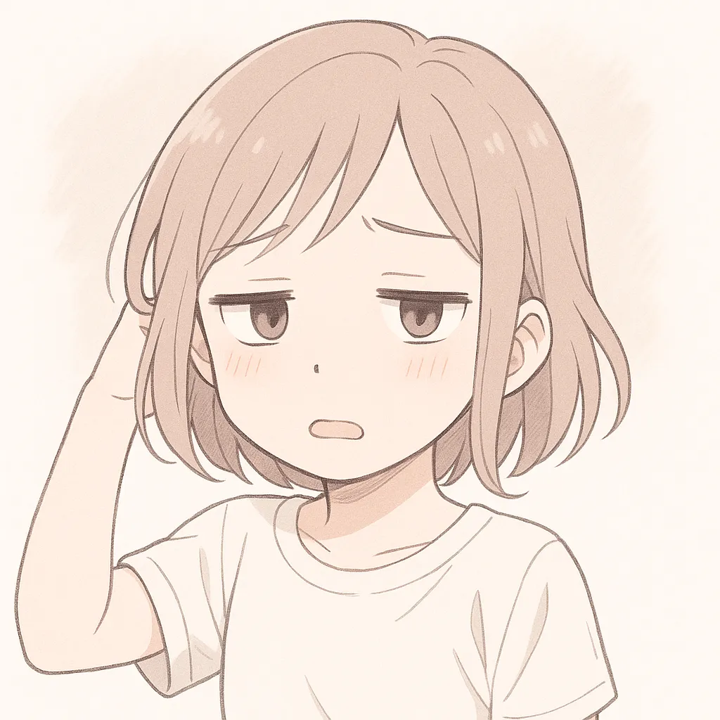 やれやれ顔文字の女の子｜片手を頭に添えて、やれやれといったあきれた表情を見せる女の子。半開きの口元と力の抜けた目元が絶妙なやれやれ感を出している。(´～｀)