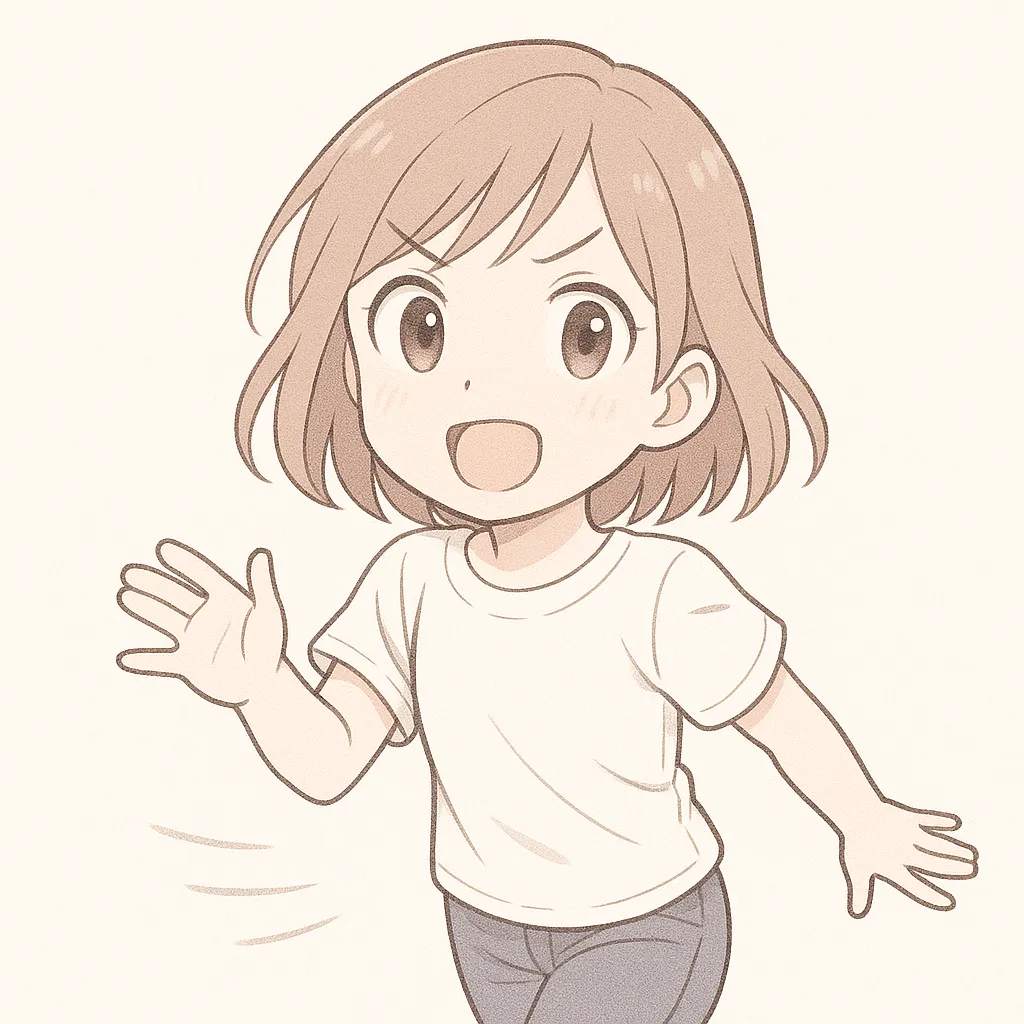逃げる顔文字の女の子｜勢いよく駆け出すポーズで、逃げる瞬間の女の子を軽やかに表現。表情も明るく、逃げるという動作に前向きさを感じさせる。(；・∀・)ノシ