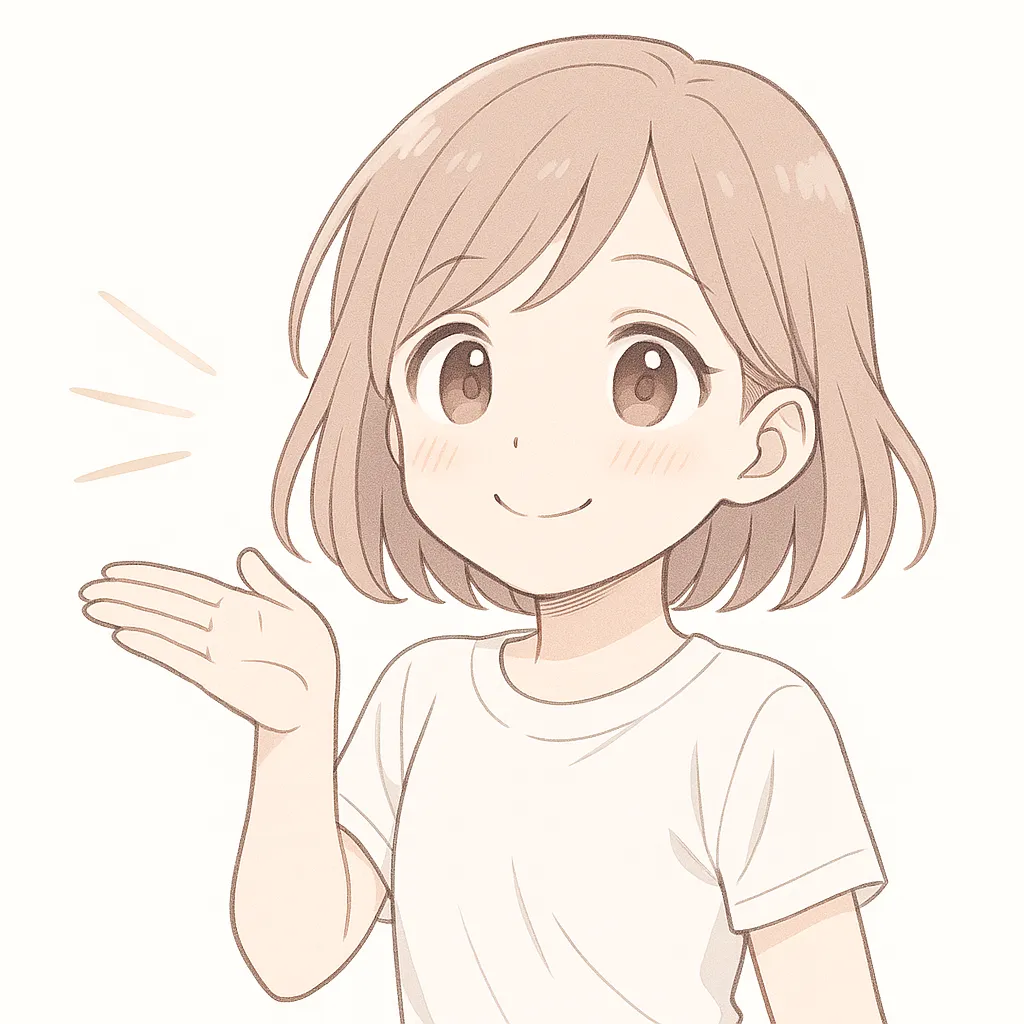 どうぞ顔文字の女の子｜手のひらをそっと差し出し、どうぞと案内するような仕草の女の子。やわらかな笑顔とシンプルな動きが好印象を与える。( ´ ▽ ` )ﾉ
