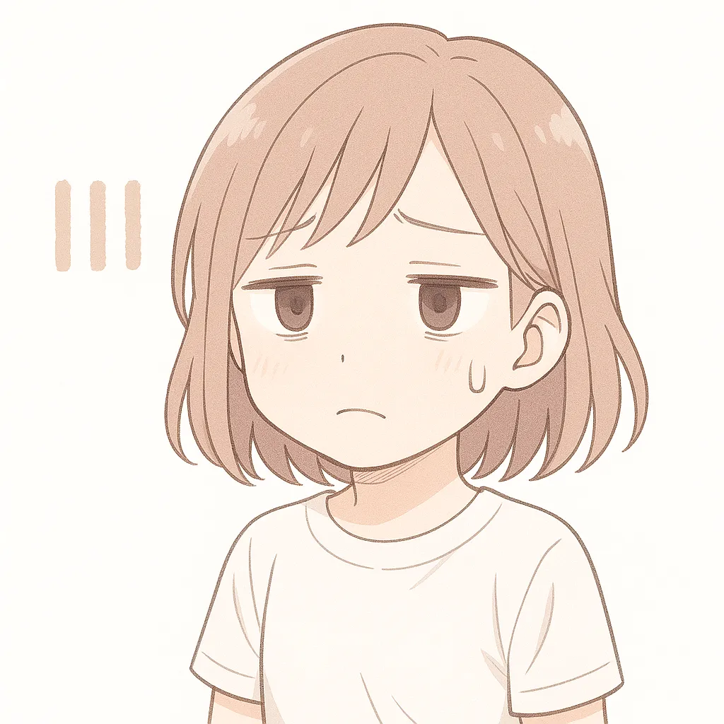 チーン顔文字の女の子｜無表情で落ち込んだようなチーン状態の女の子。顔の横に縦線が添えられ、静かなショック感とチーンという空気を表現している。(´・ω・`)