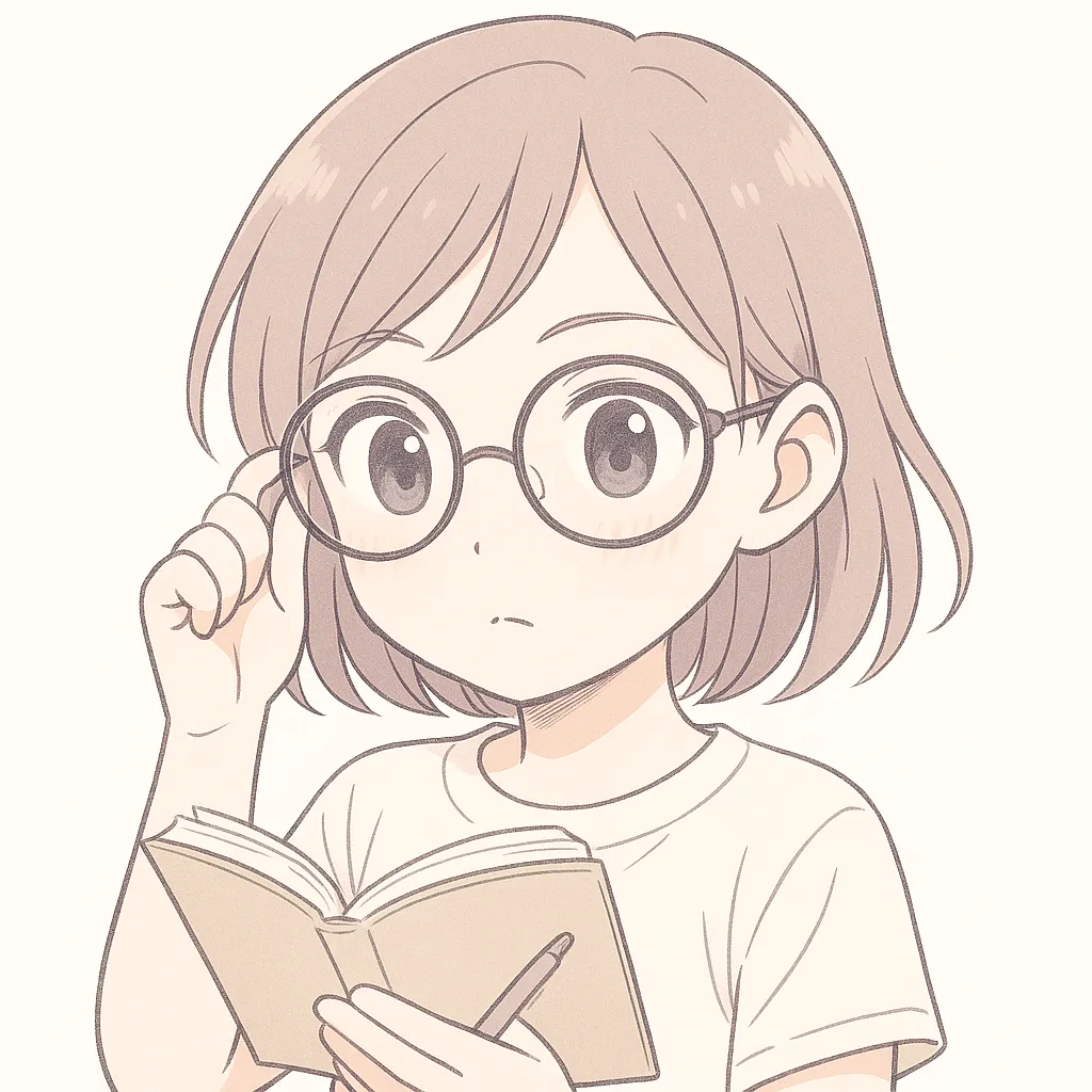 調べる顔文字の女の子｜メガネをかけた女の子が真剣に本を見つめて調べる様子。知的な雰囲気とクリアな線が、調べるという動作の集中を演出する。(｀･ω･´)ゞ