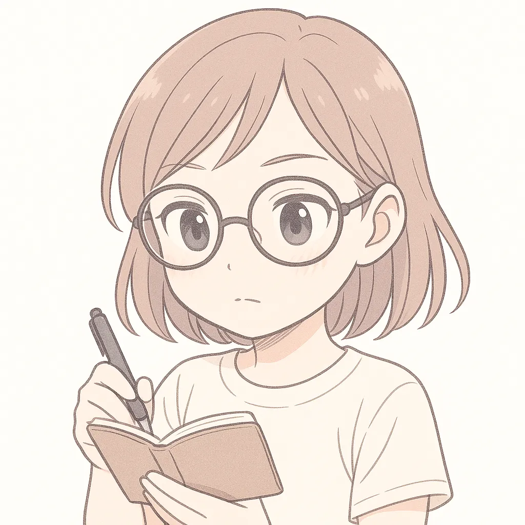 メモ顔文字の女の子｜手帳にペンを走らせながらメモを取る女の子。冷静な表情と丁寧な線が、メモに集中している様子を穏やかに描いている。( ..)φメモメモ