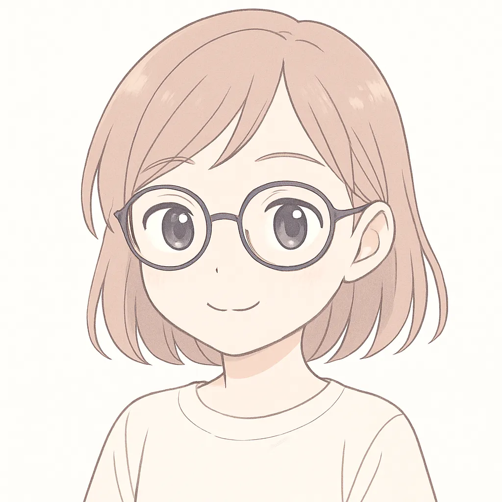 メガネ顔文字の女の子｜丸メガネをかけた女の子が、落ち着いた微笑みを見せる。やわらかいタッチと澄んだ瞳が、知的で優しいメガネの印象を際立たせている。(｀･ω･´)b