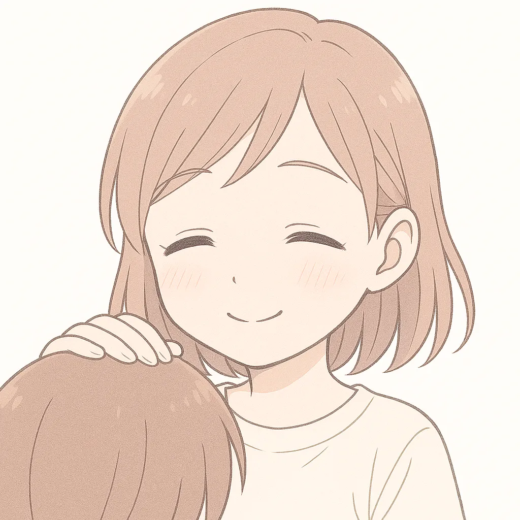 よしよし顔文字の女の子｜相手の頭をなでてよしよしと励ます女の子の優しさが溢れている。穏やかな笑顔と手の動きが、癒やし系のよしよし感を演出。(´∀｀*)