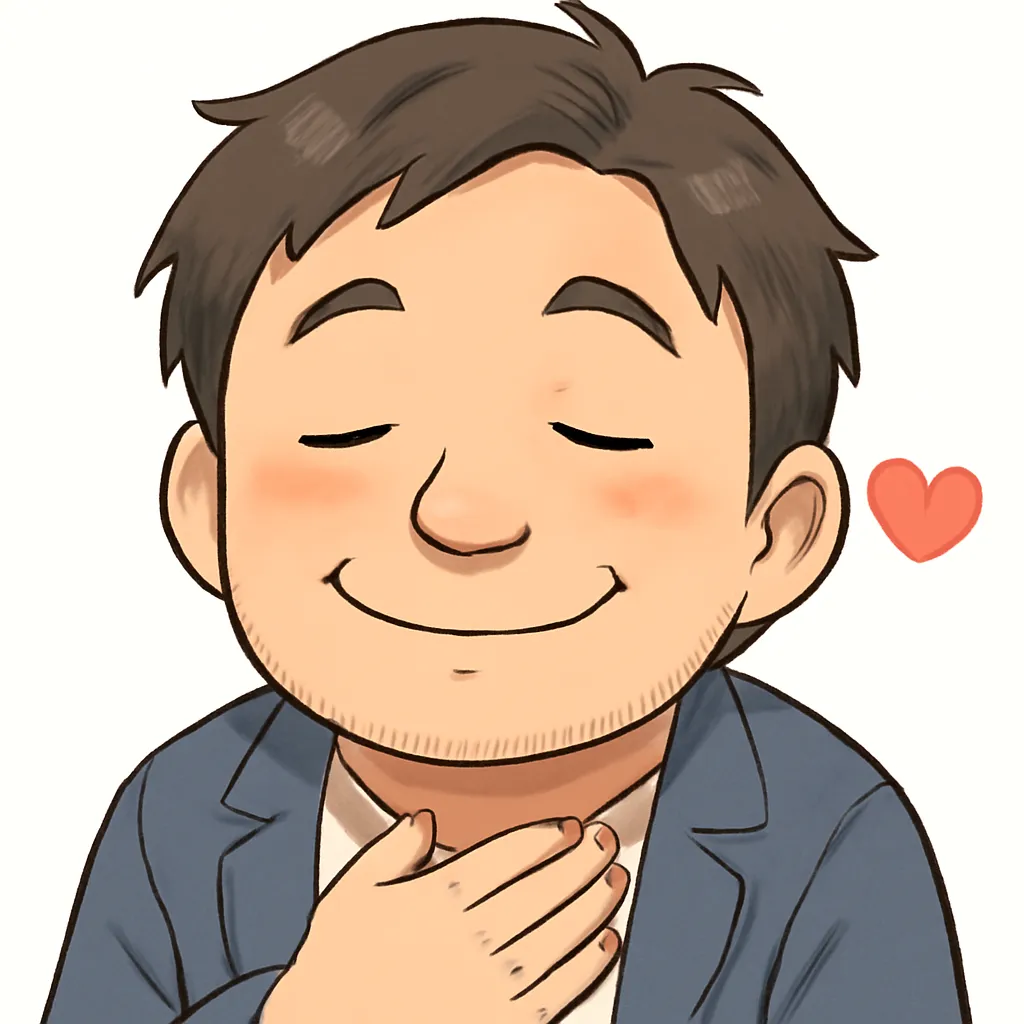 好きおじさん（顔文字：( ˘ω˘ )）｜穏やかな笑顔で目を閉じ、胸に手を当てる好きおじさんのアスキーアート風イラスト。やさしい色合いと丸みのあるタッチで、感謝や好意の気持ちを温かく伝えるビジュアルです。( ˘ω˘ )