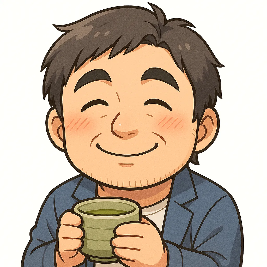 お茶おじさん（顔文字：(　´∀｀)つt[]）｜湯飲みを両手で持ってほっと一息つくお茶おじさんのアスキーアート風イラスト。和やかで落ち着いた表情が、日常のリラックスタイムを温かく彩るデザインです。(　´∀｀)つt[]