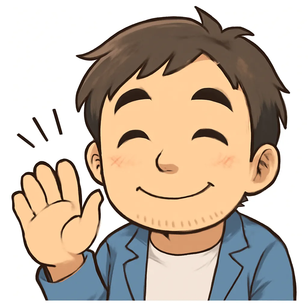 おーいおじさん（顔文字：( ´ ▽ ` )ノ）｜にこやかに手を振るおーいおじさんのアスキーアート風イラスト。呼びかけや挨拶にぴったりで、親しみやすさとフレンドリーな雰囲気を伝える絵柄です。( ´ ▽ ` )ノ