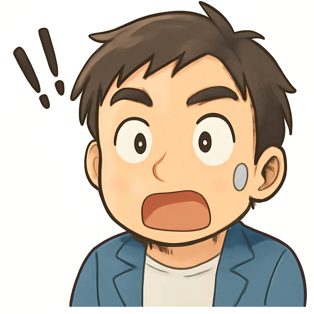 はっおじさん（顔文字：(ﾟдﾟ)！）｜驚いた表情で目を見開いたはっおじさんのアスキーアート風イラスト。びっくりや気づきの場面に使いやすく、テンポのあるやりとりにぴったりの仕上がりです。(ﾟдﾟ)！