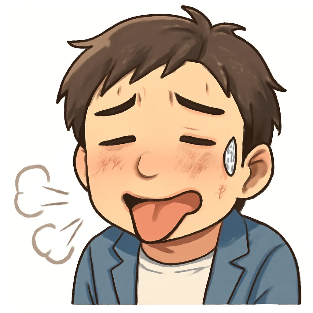 ハアハアおじさん（顔文字：(；´Д｀)）｜顔を真っ赤にしながら舌を出し、汗をかいて息切れするハアハアおじさんのアスキーアート風イラスト。過労や興奮の様子をユーモラスに表現したデザインです。(；´Д｀)