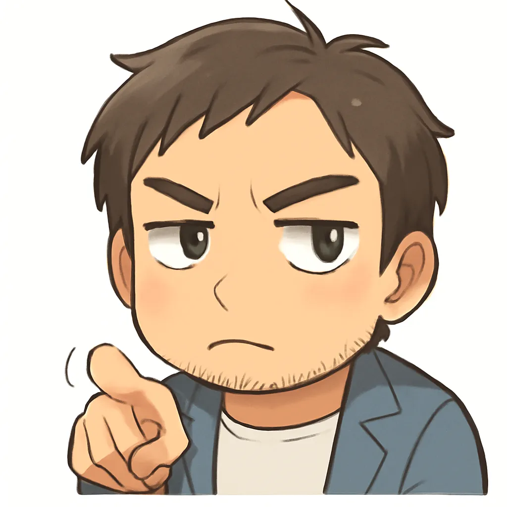 つんつんおじさん（顔文字：(｀・ω・´)σ）｜眉をキリッと上げて指を差すつんつんおじさんのアスキーアート風イラスト。少し強めに注意や指摘をするシーンに合う、ややツンデレ感ある描写です。(｀・ω・´)σ