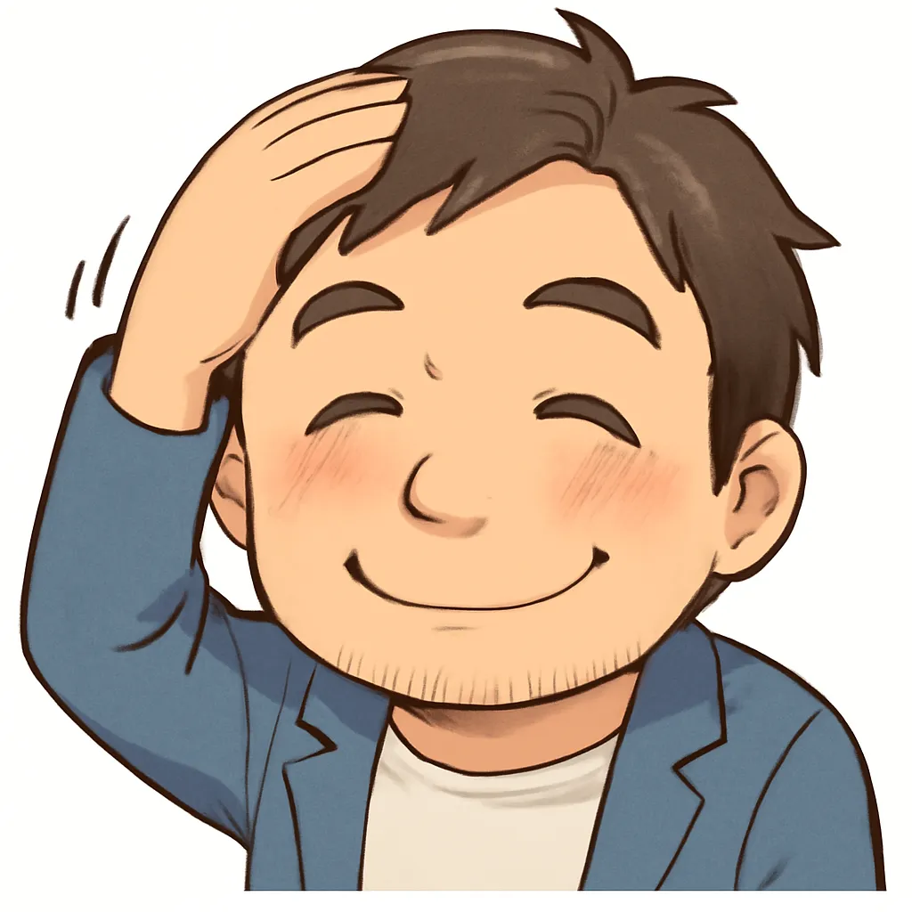 なでるおじさん（顔文字：(ﾉ´∀｀*)）｜照れながら頭をなでるなでるおじさんのアスキーアート風イラスト。やさしく穏やかな笑顔が心地よく、褒められたときや照れ隠しのやりとりに使えます。(ﾉ´∀｀*)
