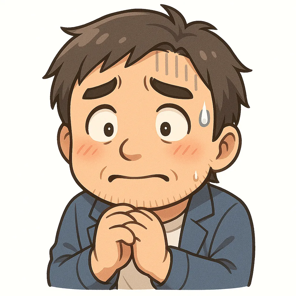 ソワソワおじさん（顔文字：(；・∀・)）｜指を組んで不安げに汗をかくソワソワおじさんのアスキーアート風イラスト。緊張や気まずさをやさしい線と表情で表現し、場面に合わせた気持ちを伝えます。(；・∀・)