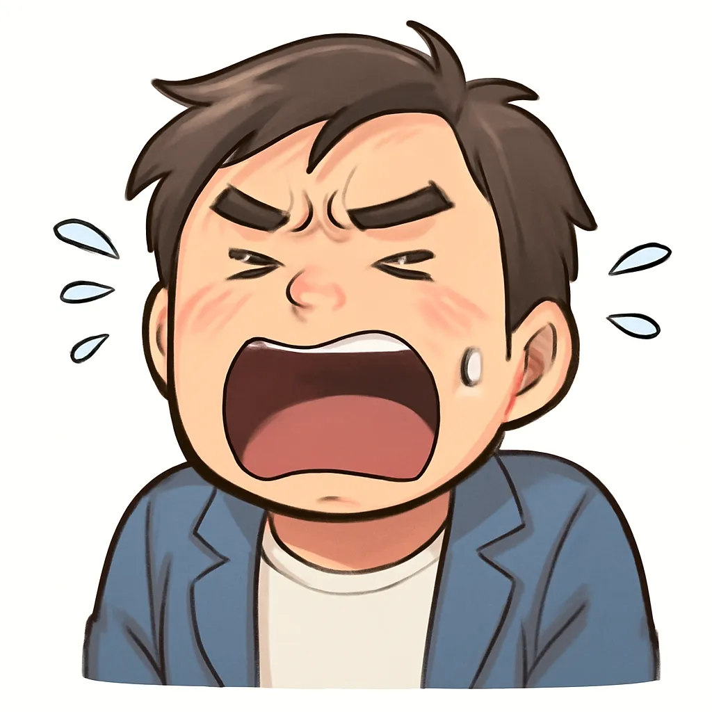 叫びおじさん（顔文字：(｀Д´)）｜大声で叫ぶ叫びおじさんのアスキーアート風イラスト。感情むき出しの表情と汗が迫力を生み、強い主張や怒りを面白く伝えるのに適した絵柄です。(｀Д´)