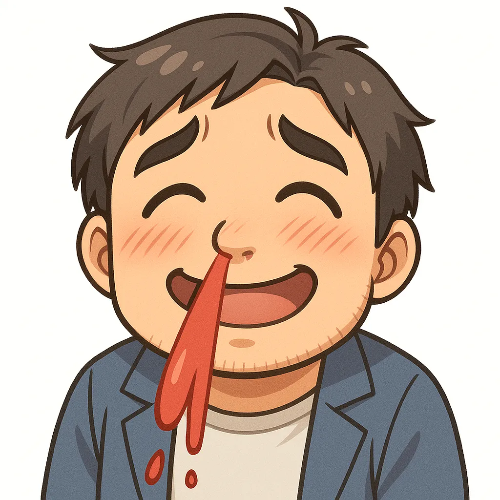 鼻血おじさん（顔文字：(ﾟ∀ﾟ)=3）｜顔を赤らめ鼻血を吹き出す鼻血おじさんのアスキーアート風イラスト。驚きや妄想を表現するユニークな表情が、コミカルなやりとりに最適です。(ﾟ∀ﾟ)=3