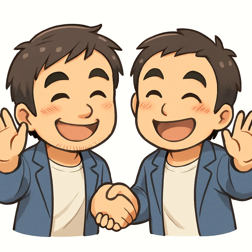 ナカーマおじさん（顔文字：(・∀・)人(・∀・)）｜2人のおじさんが手を取り合って笑うナカーマおじさんのアスキーアート風イラスト。絆や友情を明るく表現し、共感や仲間意識を楽しく伝えられます。(・∀・)人(・∀・)