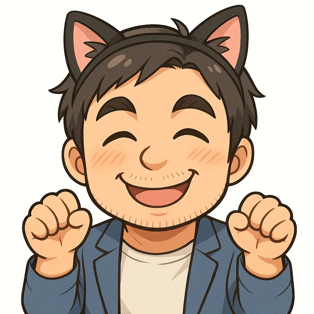 ネコおじさん（顔文字：(=^・ω・^=)）｜猫耳カチューシャで両手を上げたネコおじさんのアスキーアート風イラスト。笑顔と仕草が猫っぽく、親しみやすく遊び心のあるデザインです。(=^・ω・^=)