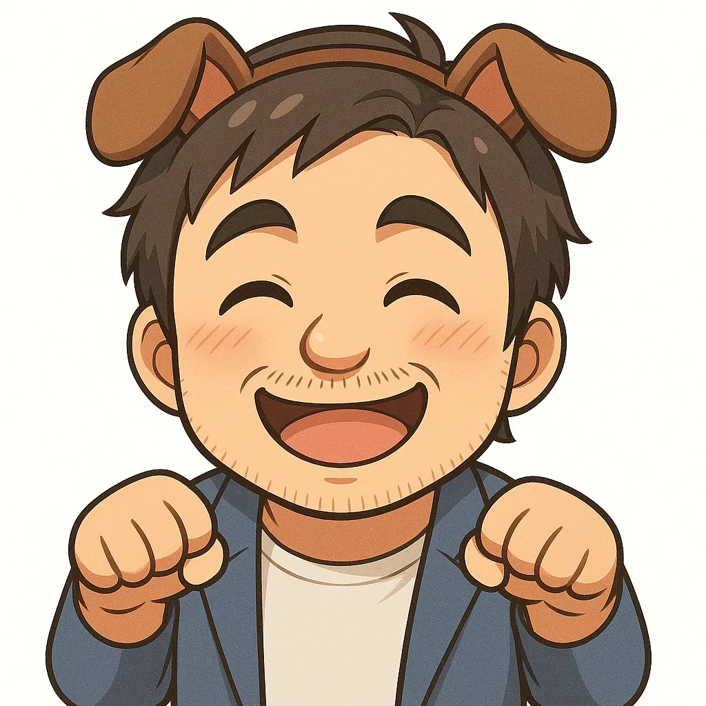 犬おじさん（顔文字：Uo･ｪ･oU）｜犬耳をつけて明るくポーズする犬おじさんのアスキーアート風イラスト。元気な笑顔と前足風の手が、愛嬌たっぷりな印象を与えてくれます。Uo･ｪ･oU