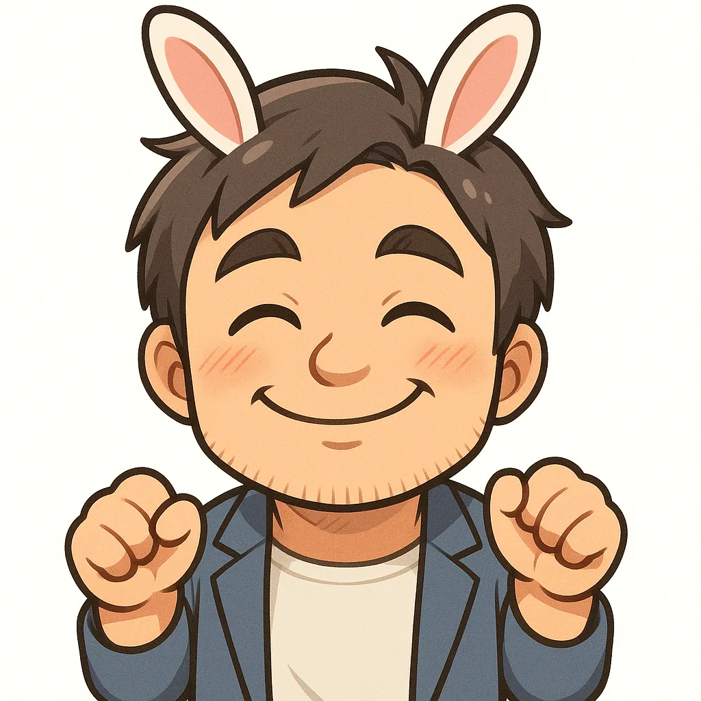 うさぎおじさん（顔文字：(・×・)）｜うさぎ耳をつけてほほ笑むうさぎおじさんのアスキーアート風イラスト。やわらかい表情と丸いフォルムが特徴で、癒し系のやりとりにぴったりです。(・×・)
