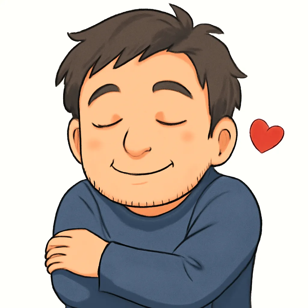 ハグおじさん（顔文字：( ´∀｀)つ⊂(´∀｀ )）｜目を閉じて自分を包みこむようにハグするおじさんのアスキーアート風イラスト。リラックスした表情とふんわりした配色が特徴で、癒しや安心感を届ける優しいスタンプです。( ´∀｀)つ⊂(´∀｀ )