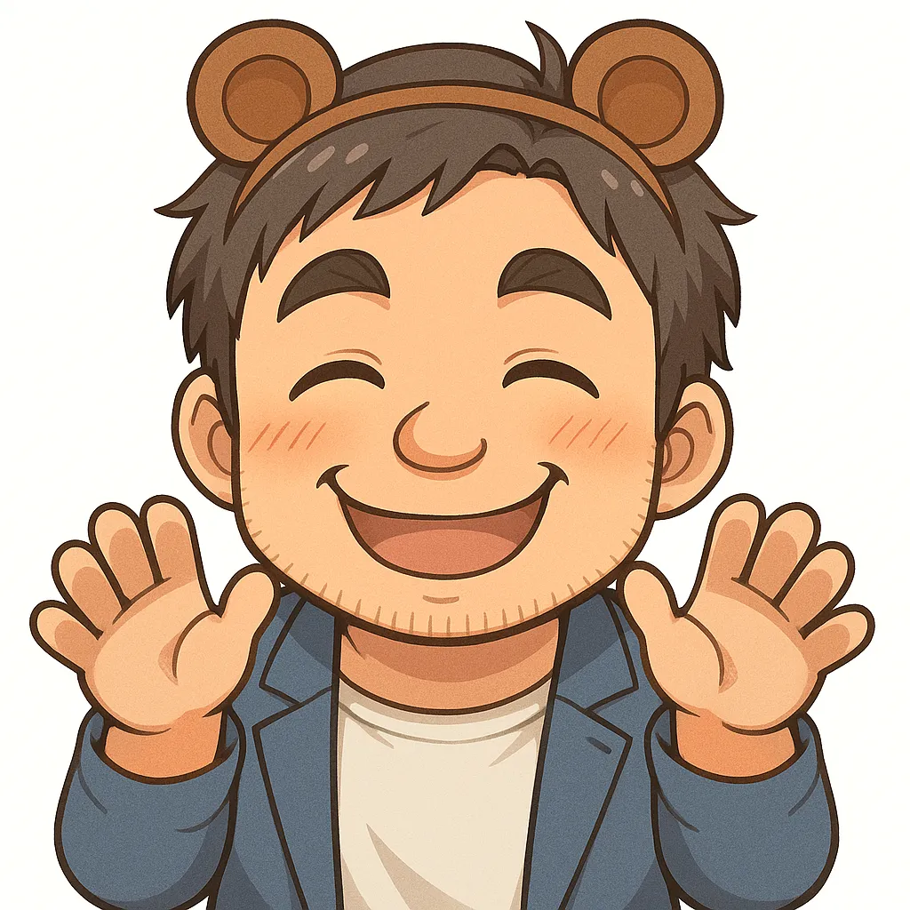 くまおじさん（顔文字：(´(ｪ)｀)）｜くま耳カチューシャをつけて手を広げるくまおじさんのアスキーアート風イラスト。どっしりとした安心感と愛らしさが調和した優しいデザインです。(´(ｪ)｀)