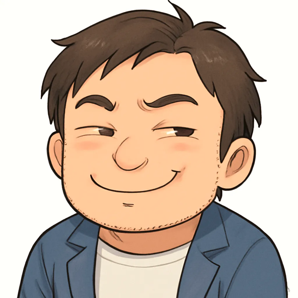 にやにやおじさん（顔文字：(￣ー￣)ﾆﾔﾘ）｜眉を少し吊り上げてにやけた表情のにやにやおじさんアスキーアート風イラスト。得意げでちょっと小悪魔的な雰囲気がクセになる表情。お茶目なやりとりにぴったりです。(￣ー￣)ﾆﾔﾘ