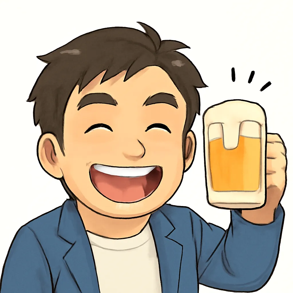 乾杯おじさん（顔文字：(*^◇^)_旦）｜ビールジョッキを掲げて笑顔を見せる乾杯おじさんのアスキーアート風イラスト。にこやかな表情とビールの泡が楽しい雰囲気を演出し、飲み会やお祝いに最適なデザインです。(*^◇^)_旦