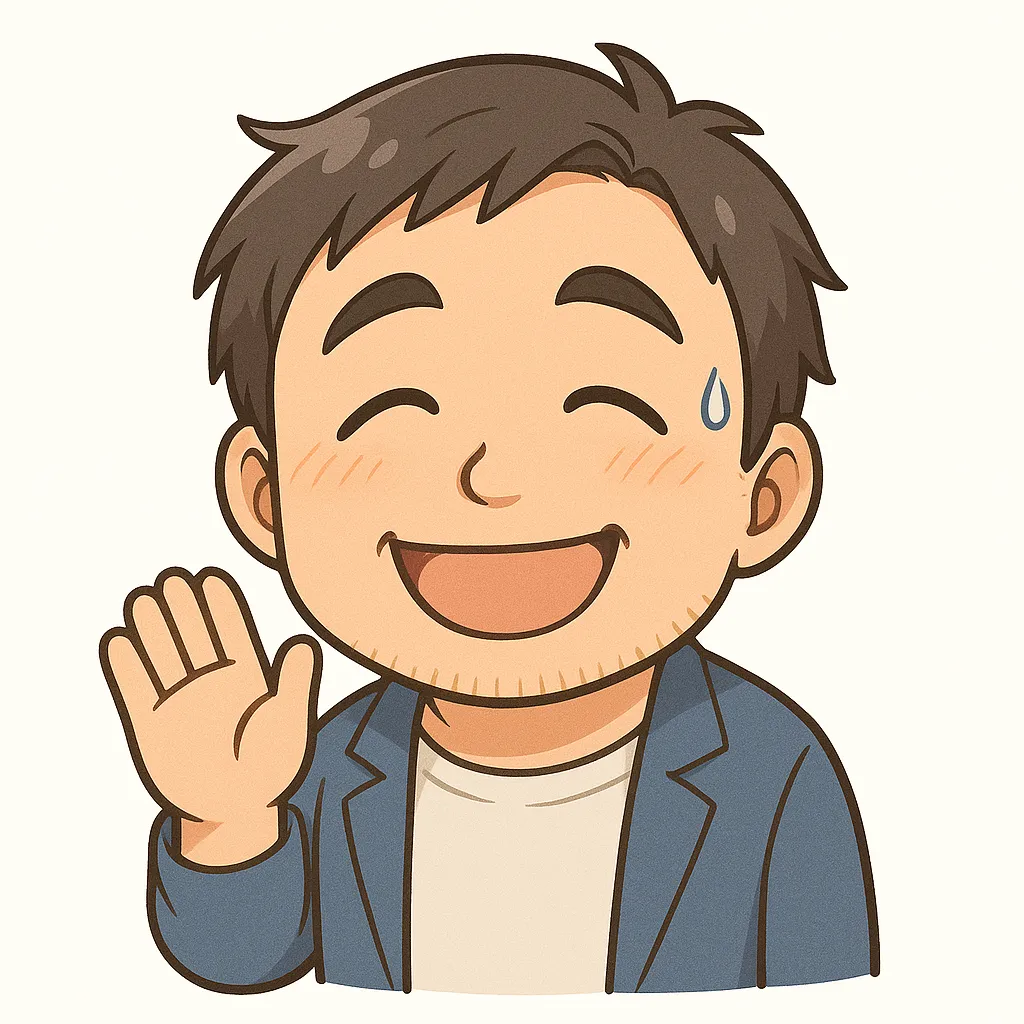 お疲れ様おじさん（顔文字：(；´∀｀)）｜汗をかきつつも笑顔で手を振るお疲れ様おじさんのアスキーアート風イラスト。ちょっと照れたような表情と軽やかな色合いが、労いの気持ちをやさしく伝えます。(；´∀｀)