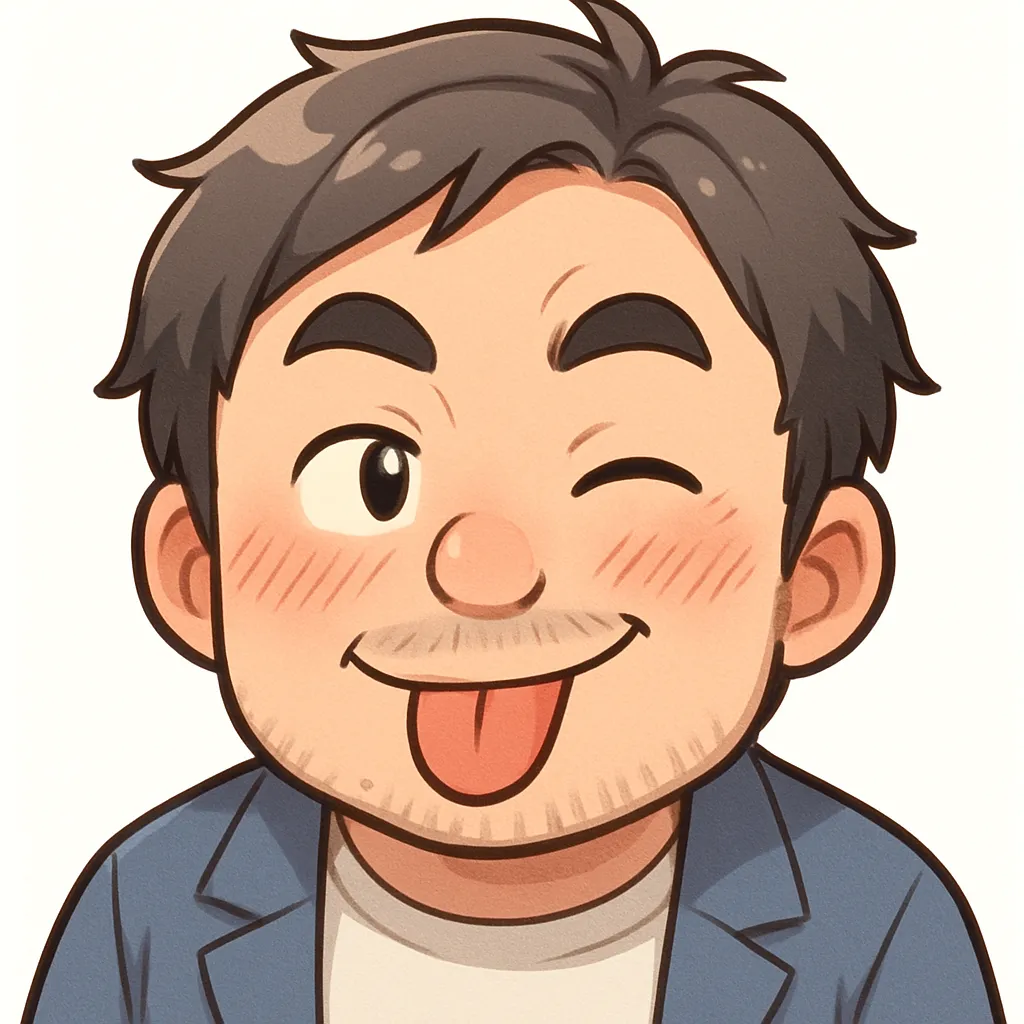 てへぺろおじさん（顔文字：てへぺろ(・ω<)）｜舌を出してウインクする「てへぺろ」ポーズがキュートでコミカルな仕上がり。いたずらっぽい雰囲気と照れ笑いが絶妙に合わさり、親しみと笑いを誘います。参考：てへぺろ(・ω<)