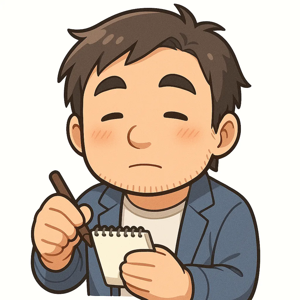 メモおじさん（´ー｀）｜メモを取るおじさんが淡々とした表情で描かれたモチーフ。落ち着きのある雰囲気が真面目さを引き立てます。参考：（´ー｀）