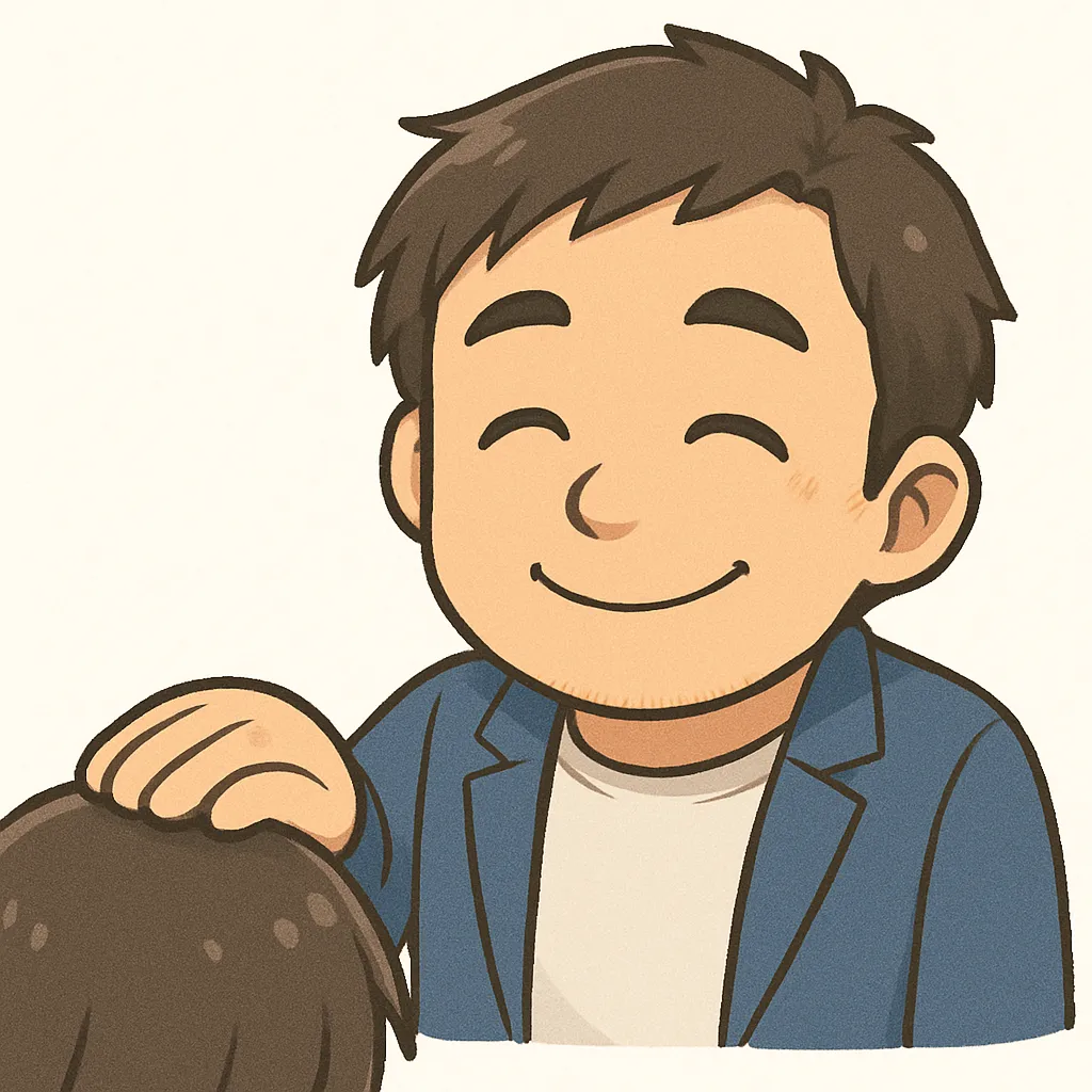 よしよしおじさん（＾ー＾）｜よしよしと頭をなでるおじさん。包み込むような笑顔と仕草が、癒やし系の魅力を発揮しています。参考：（＾ー＾）