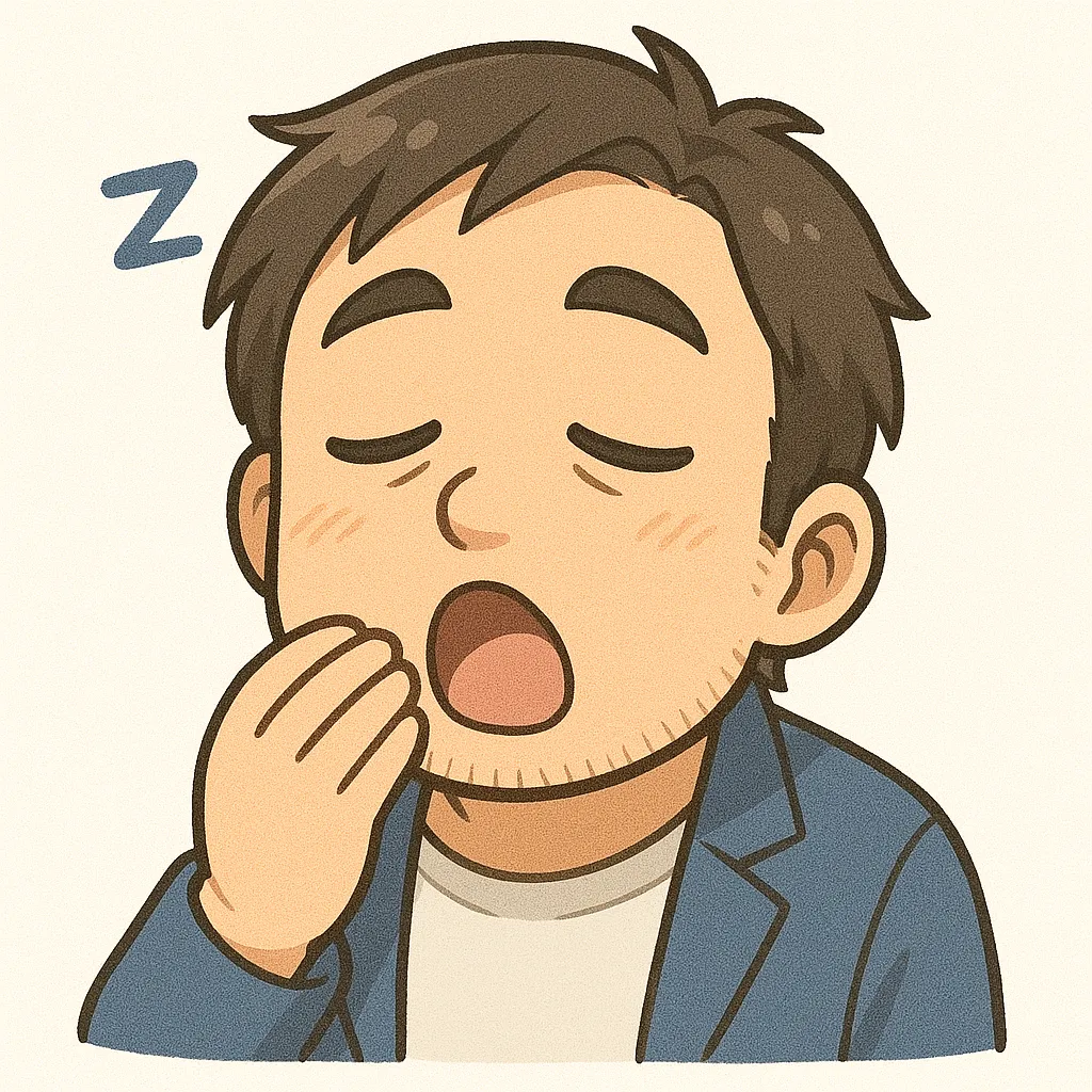 眠いおじさん（´～｀）｜眠いモチーフのおじさんは大きなあくび中。まぶたの重さが伝わってくるような脱力感が魅力です。参考：（´～｀）