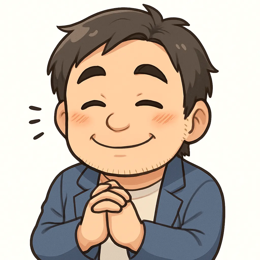 うんうんおじさん（＾－＾）｜うんうんと頷くおじさん。優しい笑顔と手を組むしぐさが、相手への共感とあたたかさを感じさせます。参考：（＾－＾）