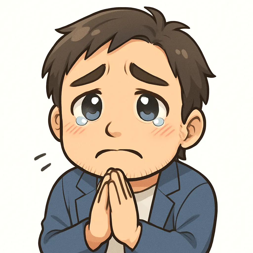 お願いおじさん（顔文字：(人´∀｀)）｜お願いポーズをとるお願いおじさん。涙目で手を合わせた真剣な表情がキュートで、つい応援したくなります。参考：(人´∀｀)