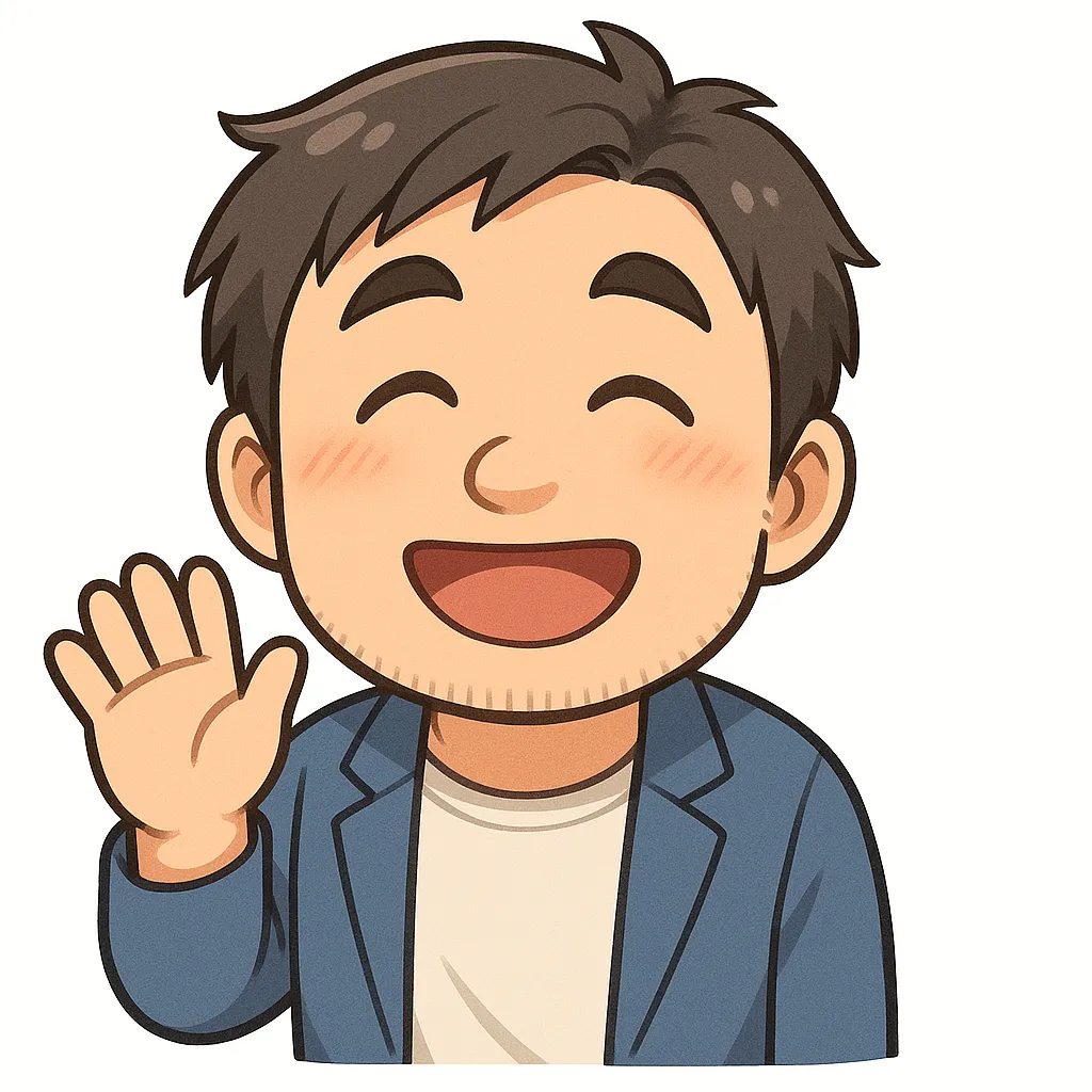 おはようおじさん（顔文字：(＾▽＾)/）｜朝の挨拶にぴったりなおはようおじさん。元気いっぱいの笑顔と手を振るポーズが一日の始まりを明るくします。参考：(＾▽＾)/