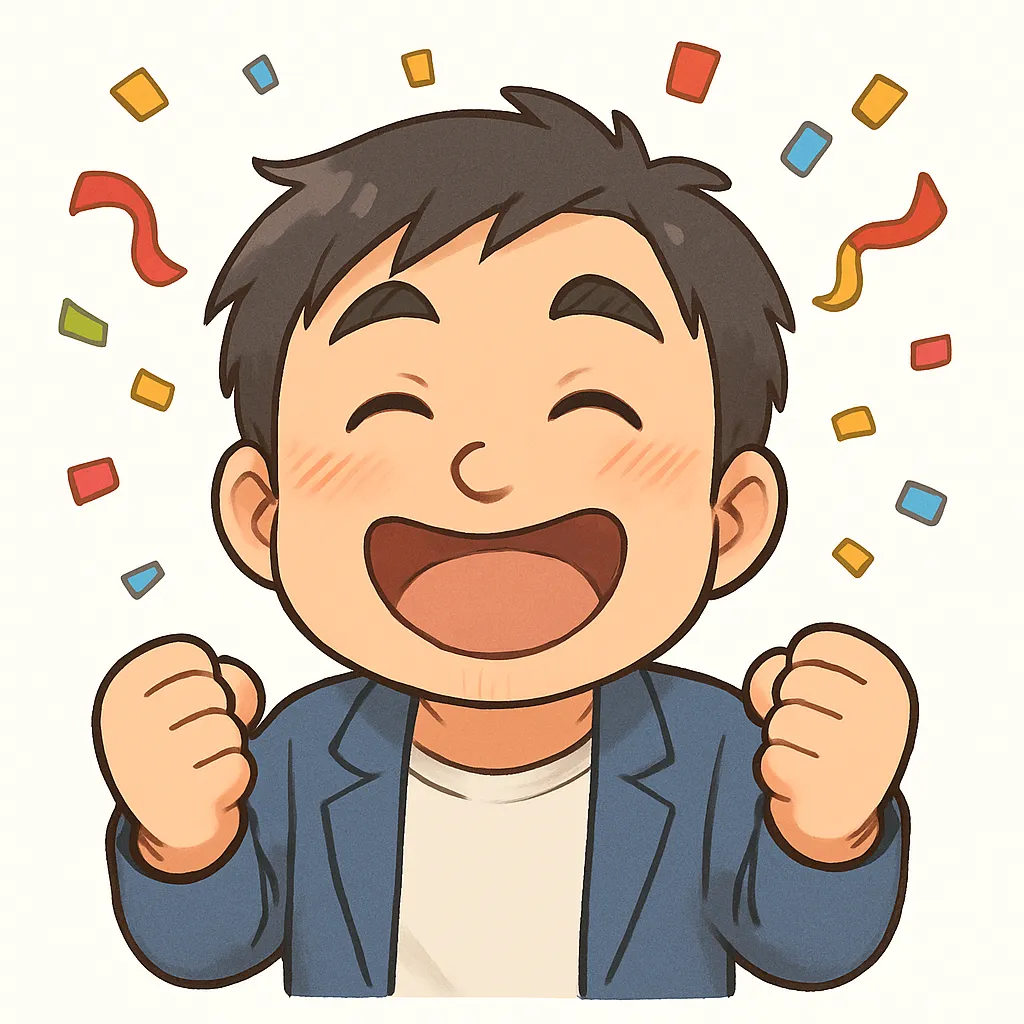 おめでとうおじさん（顔文字：(*ﾟ▽ﾟ)/ﾟ･:*【祝】*:･ﾟ＼(ﾟ▽ﾟ*)）｜満面の笑顔で両手を握りしめるおめでとうおじさん。カラフルな紙吹雪が華やかでお祝いムード満点！参考：(*ﾟ▽ﾟ)/ﾟ･:*【祝】*:･ﾟ＼(ﾟ▽ﾟ*)