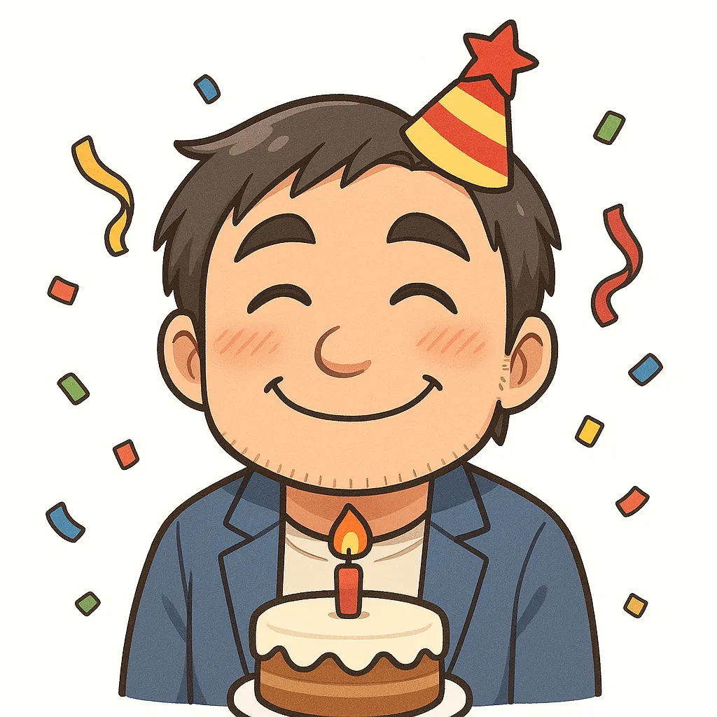 誕生日おじさん（顔文字：(*´∀｀)ﾉｼ☆）｜誕生日帽をかぶってケーキを持つ誕生日おじさん。お祝い感たっぷりの表情が、見ている人を笑顔にします。参考：(*´∀｀)ﾉｼ☆