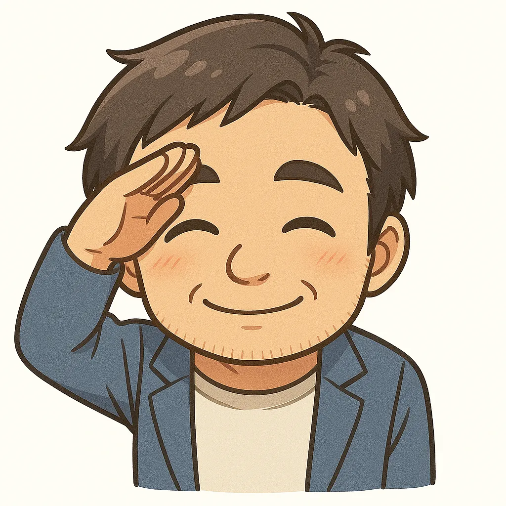 敬礼おじさん（顔文字：(-ω-ゞ)）｜きりっとした笑顔で敬礼する敬礼おじさん。礼儀正しさと親しみやすさが共存する、ほっとする表情です。参考：(-ω-ゞ)