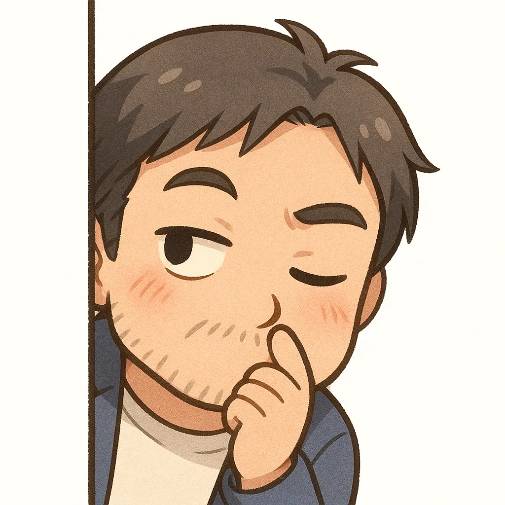 こっそりおじさん（顔文字：|дﾟ)）｜視線をそらしつつ指を口に当てた「こっそり」ポーズが印象的。いたずら感と秘密の共有のような表情が、くすっと笑えるやりとりにぴったりの表現です。参考：|дﾟ)）