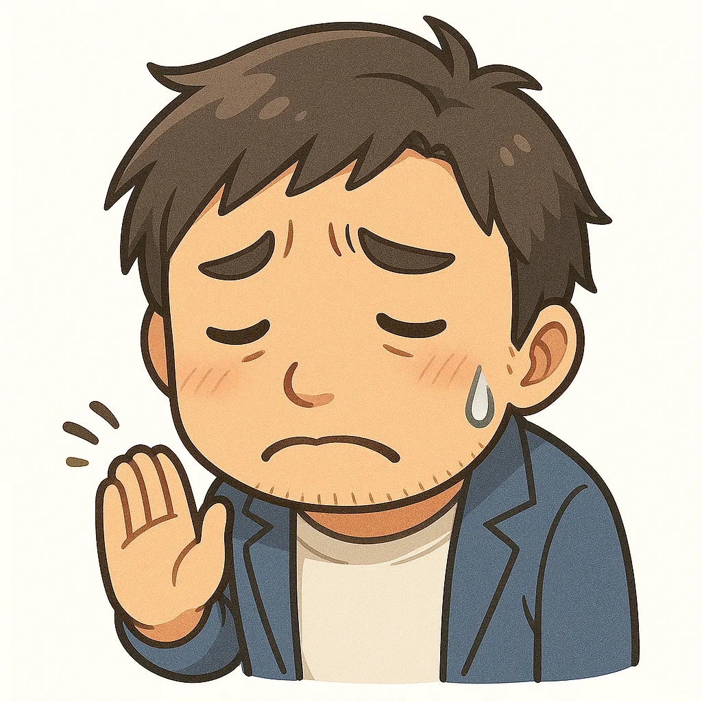 謝るおじさん（顔文字：(；´Д｀)）｜困り顔で手を上げながら謝る謝るおじさん。申し訳なさと気まずさがじんわり伝わる絶妙な表情です。参考：(；´Д｀)