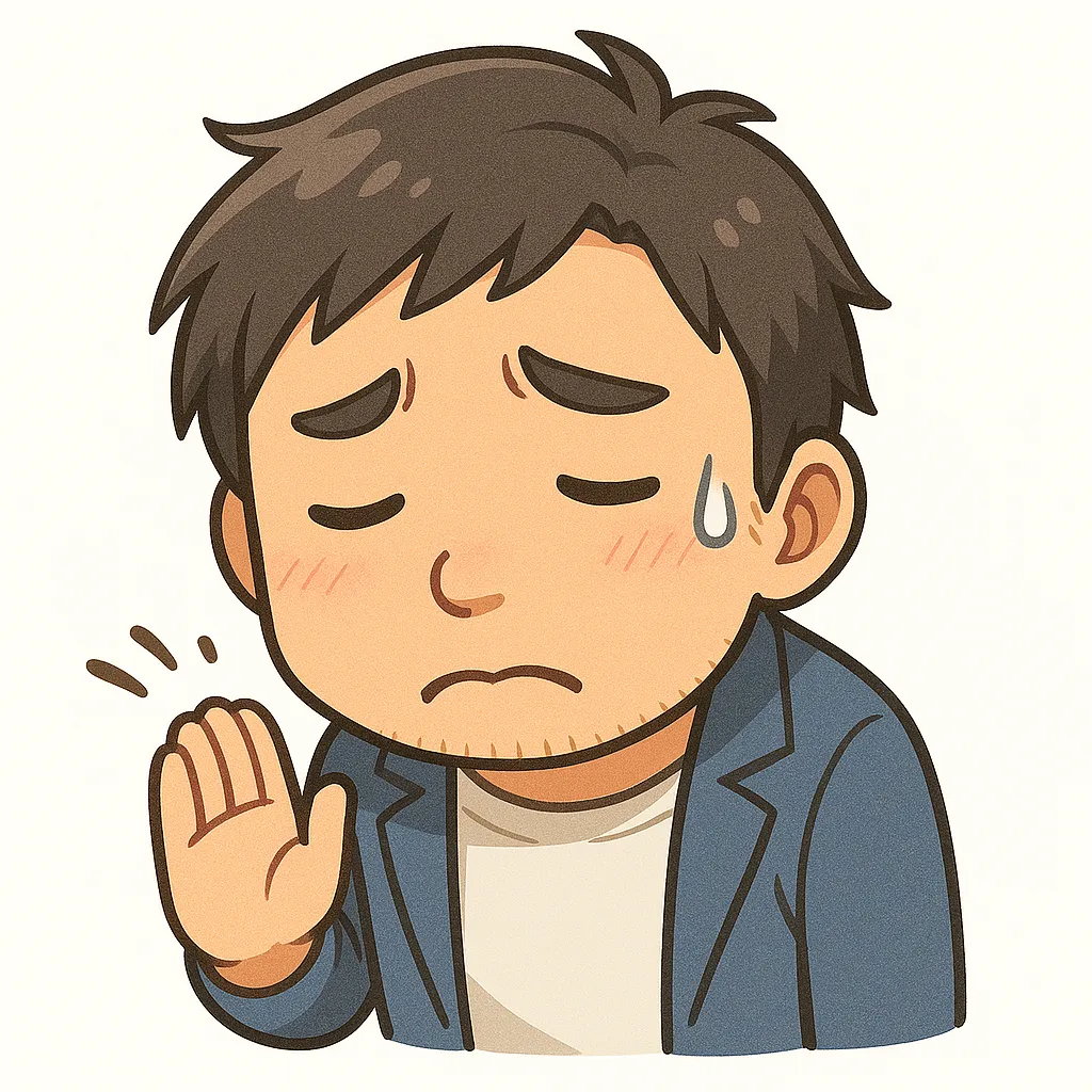 ごめんおじさん（顔文字：(；人；)）｜困ったように手を添えて謝罪するごめんおじさん。ちょっとした失敗のときにも使いやすい表情です。参考：(；人；)