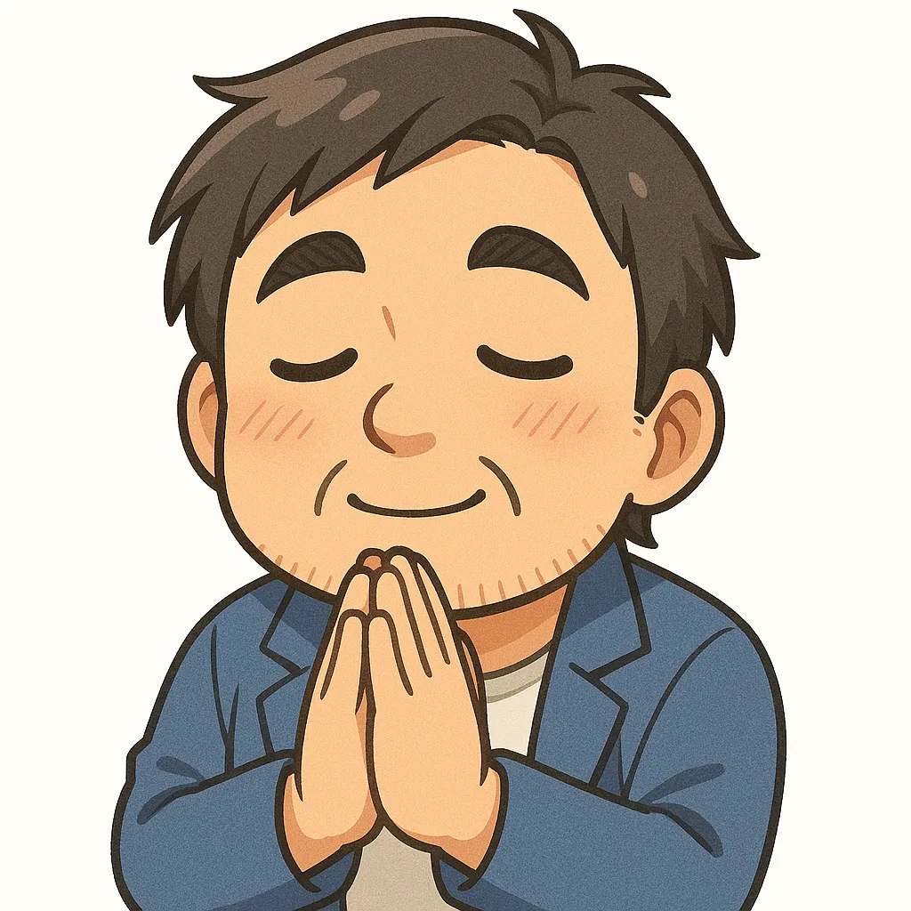 祈るおじさん（顔文字：(‐人‐)）｜目を閉じて手を合わせる祈るおじさん。穏やかな表情に心のこもった願いや感謝がにじみ出ています。参考：(‐人‐)