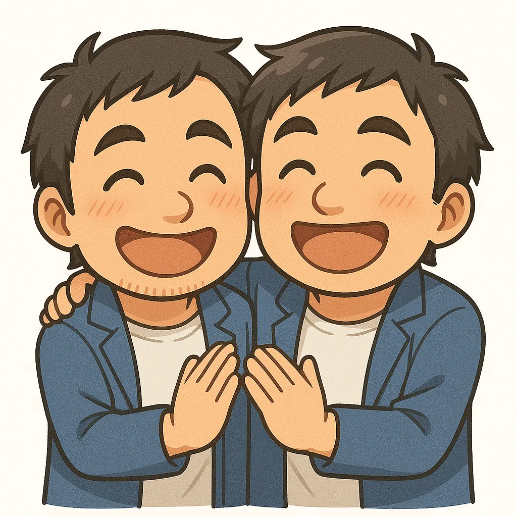 仲間おじさん（顔文字：(o´∀｀)人(´∀｀o)）｜肩を組んで笑い合う仲間おじさんたち。友情や一体感が伝わる、温かくにぎやかな一枚です。参考：(o´∀｀)人(´∀｀o)