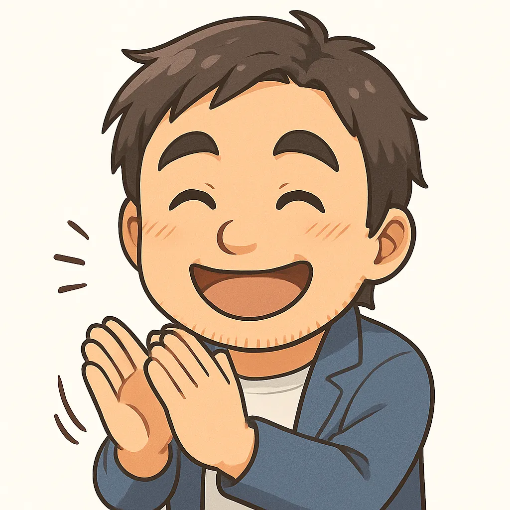 拍手おじさん（顔文字：(ﾉ´∀｀*)）｜にこやかな表情で手をたたく拍手おじさん。称賛やねぎらいの気持ちを明るく届けてくれます。参考：(ﾉ´∀｀*)