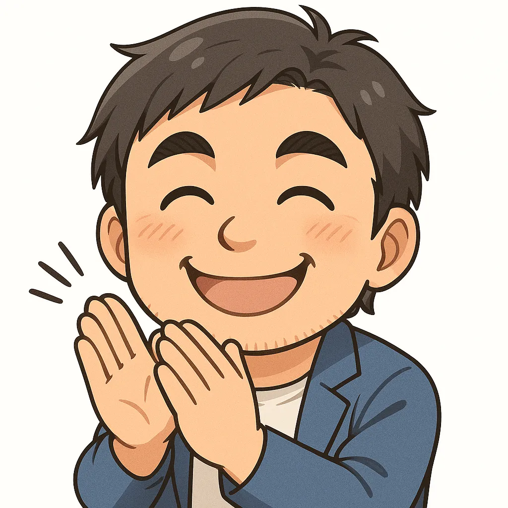 パチパチおじさん（顔文字：(｡･ω･ﾉﾉﾞﾊﾟﾁﾊﾟﾁ））｜満面の笑顔で両手をぱちぱちするパチパチおじさん。楽しい場面を盛り上げるリアクションです。参考：(｡･ω･ﾉﾉﾞﾊﾟﾁﾊﾟﾁ）