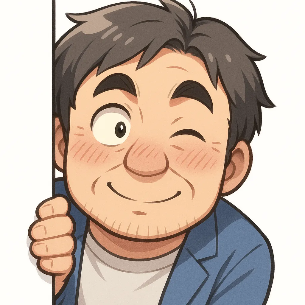 覗くおじさん（顔文字：(・∀・)）｜壁の隙間から笑顔で顔を出す「覗く」モチーフ。明るく親しみやすい表情が特徴で、サプライズ登場のような場面にも使いやすい楽しい1枚です。参考：(・∀・)