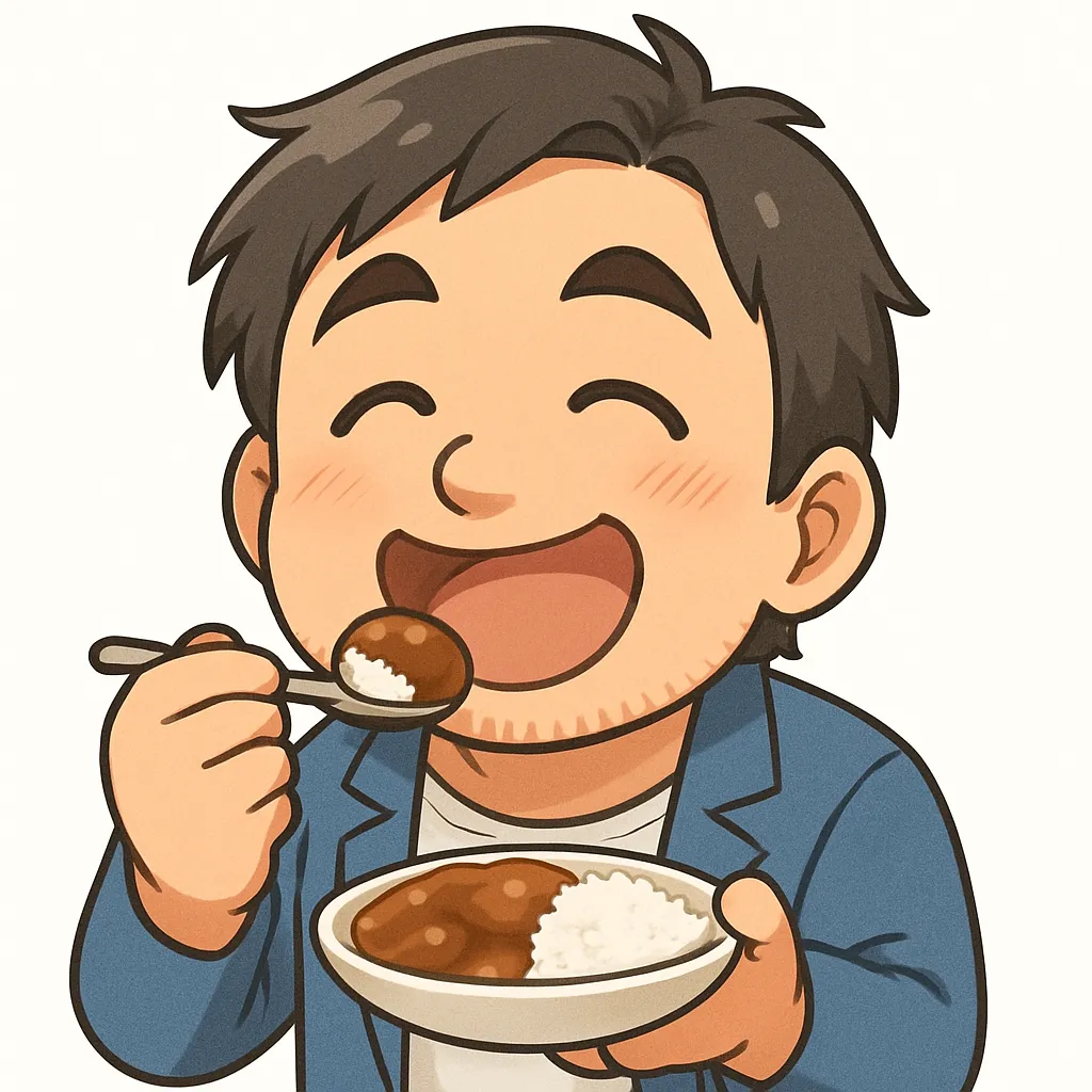 食べるおじさん（顔文字：(＾～＾)）｜スプーンを手にごはんを楽しむ食べるおじさん。ほのぼのとした笑顔が食欲をそそります。参考：(＾～＾)