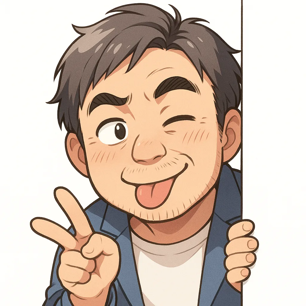 サッおじさん（顔文字：⊂(･∀･⊂*)）｜素早く顔を出して舌を出す「サッ」の動きがユーモラスに表現。ピースサインと軽妙な表情が、コミカルさと軽やかさを強調したポップな演出になっています。参考：⊂(･∀･⊂*)
