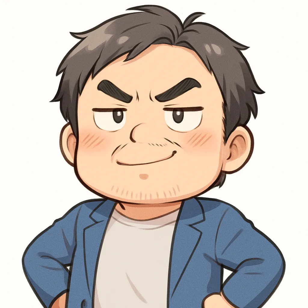 えっへんおじさん（顔文字：(｀・∀・´)）｜胸を張り堂々とした表情が「えっへん」の誇らしさを表すデザイン。少し照れたような赤ら顔が加わり、ユーモラスながらも自信に満ちた雰囲気を与えます。参考：(｀・∀・´)