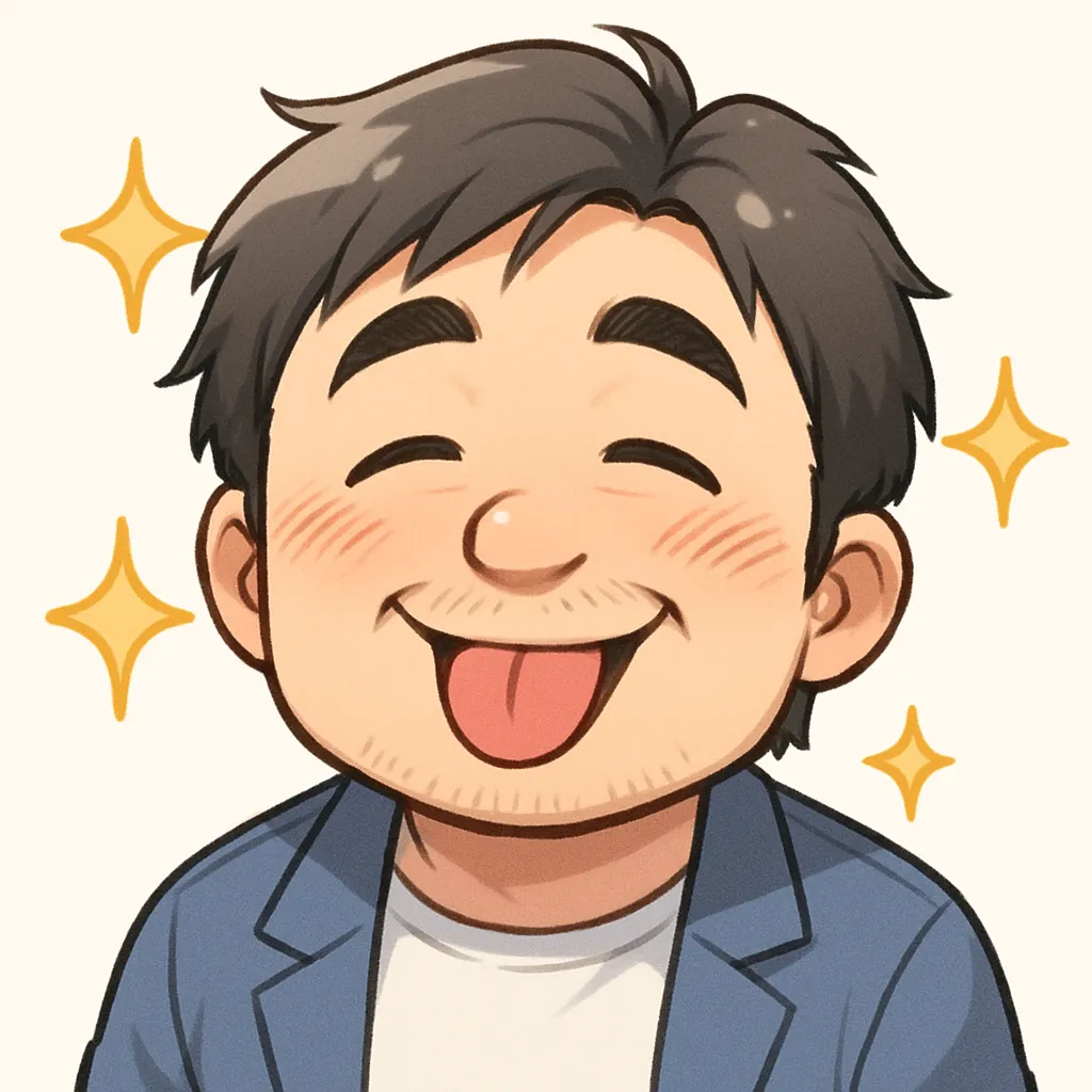 キラキラおじさん（顔文字：(≧▽≦)）｜舌を出してにっこり笑い、背景に輝く星がちりばめられた「キラキラ」モチーフ。ポップなデザインと満面の笑顔が、明るさとおちゃめさを感じさせてくれる1枚です。参考：(≧▽≦)